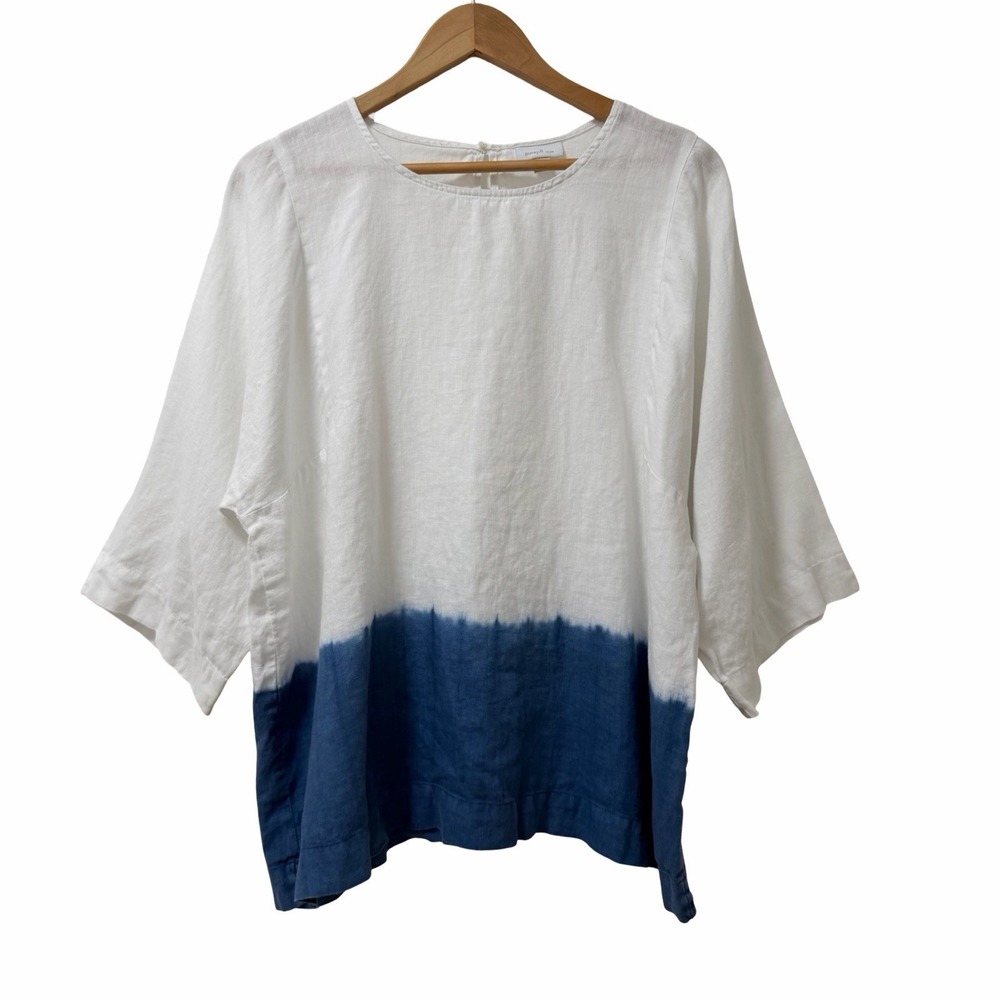 J Jill Womens 100% Linen Ombre Boxy Top Size L White Blue Coastal Beach Travel